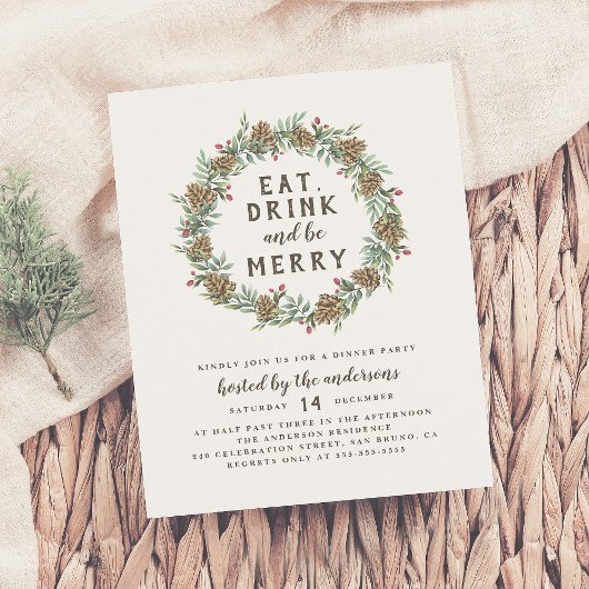 Pine Wreath Eat, Drink & Be Frohe Weihnachten Part Einladungspostkarte