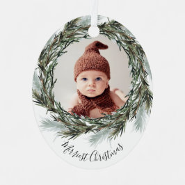 Pine Wreath Frohe Weihnachtsfeiertage Foto Ornament Aus Metall