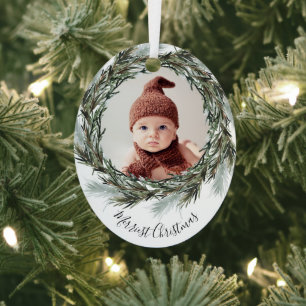 Pine Wreath Frohe Weihnachtsfeiertage Foto Ornament Aus Metall