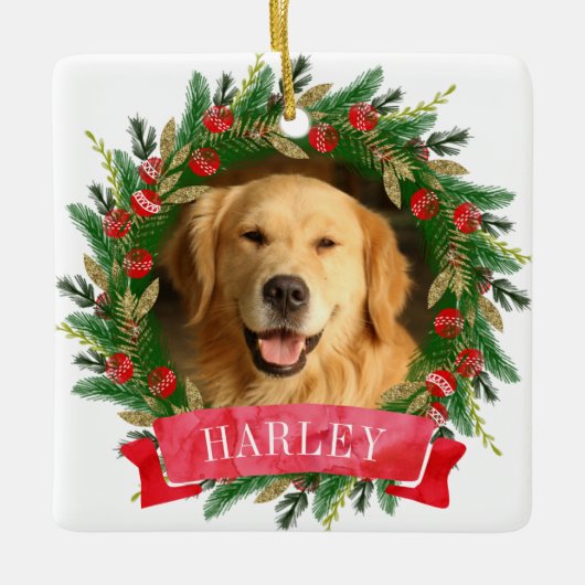 Pine Wreath Hund Foto Keramikornament (Vorderseite)