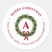 Pine Wreath Monogram Frohe Weihnachten Runder Aufkleber (Vorderseite)
