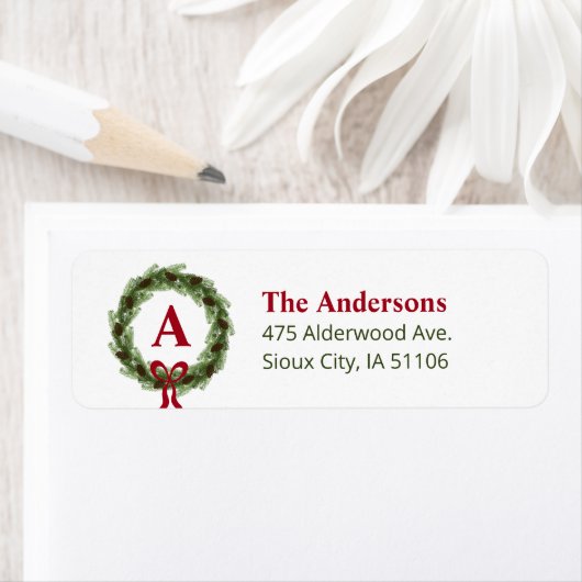 Pine Wreath Monogram Holiday Rücksendeadresse (Insitu)