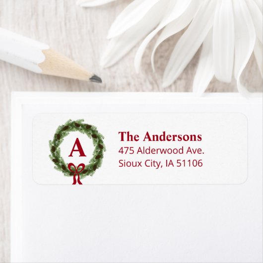 Pine Wreath Monogram Holiday Rücksendeadresse (Insitu)