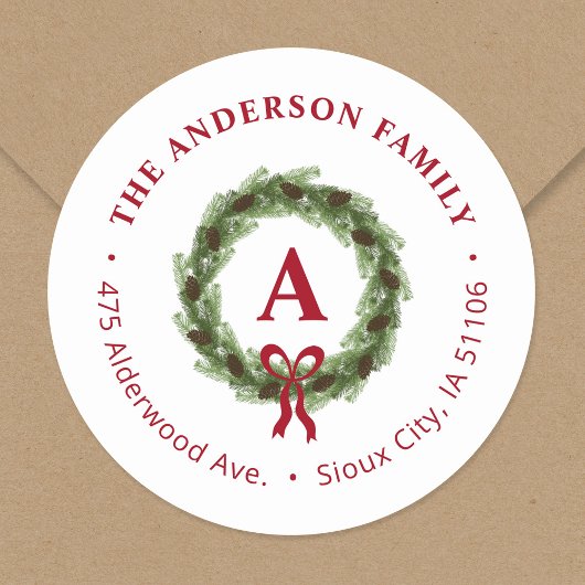 Pine Wreath Monogram Holiday Rücksendeadresse Runder Aufkleber