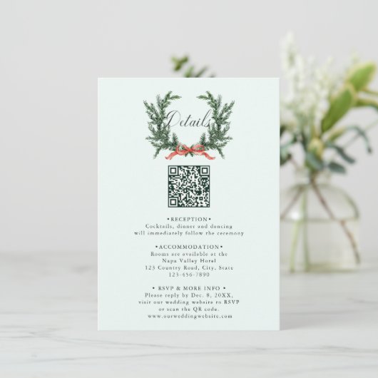 Pine Wreath Wedding QR Code Details Mint Green Begleitkarte (Stehend Vorderseite)