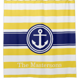 Pineapp Yellow Wt Navy Blue Nautical Stripe Anchor Duschvorhang