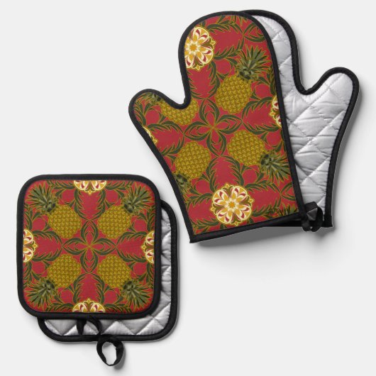 Pineapple Design on Red Background Ofenhandschuh & Topflappen-Set (Vorderseite/Rückseite)