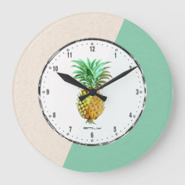 PineApple & Geometric Beige & Green Linen Große Wanduhr