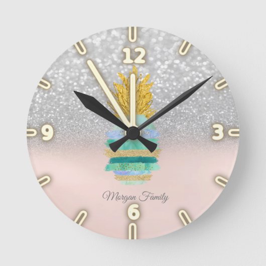 Pineapple Green Glitter Silver Glitter Bokeh Runde Wanduhr (Vorderseite)