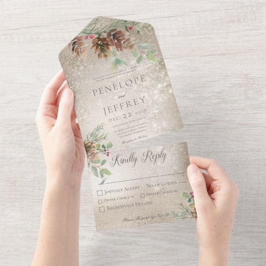 Pineca & Berries Modernes Goldenen Abendessen All In One Einladung (Abreißen)