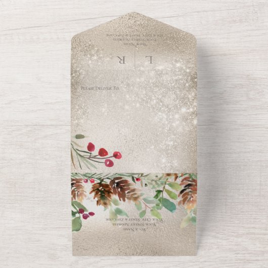 Pinecone & Berries Moderner Gold QR Code All In One Einladung (Außenbereich)