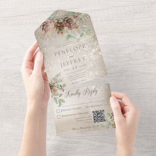 Pinecone & Berries Moderner Gold QR Code All In One Einladung (Abreißen)