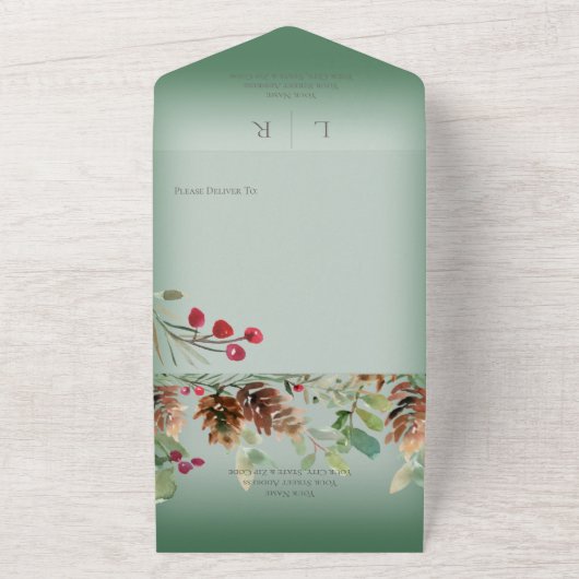 Pinecone & Berries Moderner grüner QR-Code All In One Einladung (Außenbereich)