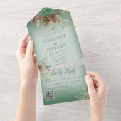 Pinecone & Berries Moderner grüner QR-Code All In One Einladung (Abreißen)