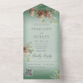 Pinecone & Berries Moderner grüner QR-Code All In One Einladung (Innen Boden)