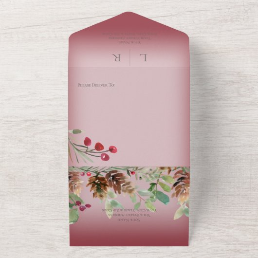 Pinecone & Berries Modernes Weinrotes Abendessen All In One Einladung (Außenbereich)