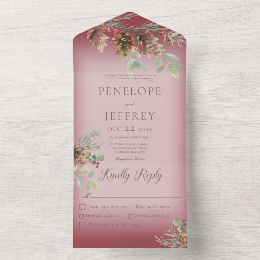 Pinecone & Berries Modernes Weinrotes Abendessen All In One Einladung (Innen Boden)