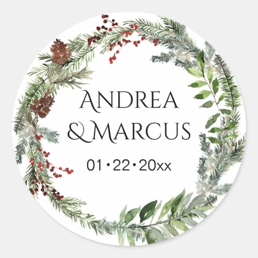 Pinecone Greenery Wedding Wreath Runder Aufkleber (Vorderseite)