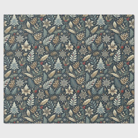 Pinecone, Holly, Snowflakes & Berries Holiday Geschenkpapier (Saum)