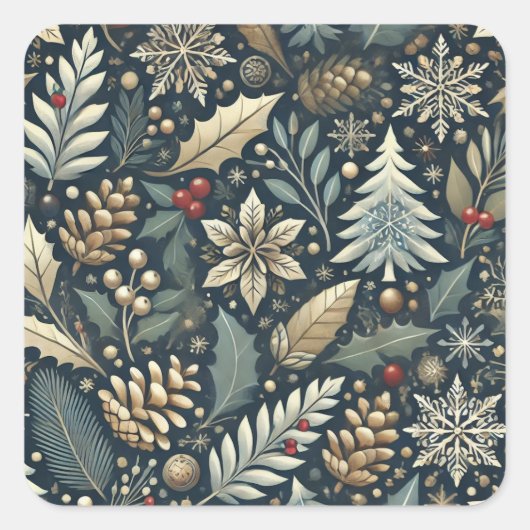 Pinecone, Holly, Snowflakes & Berries Holiday Quadratischer Aufkleber (Vorderseite)