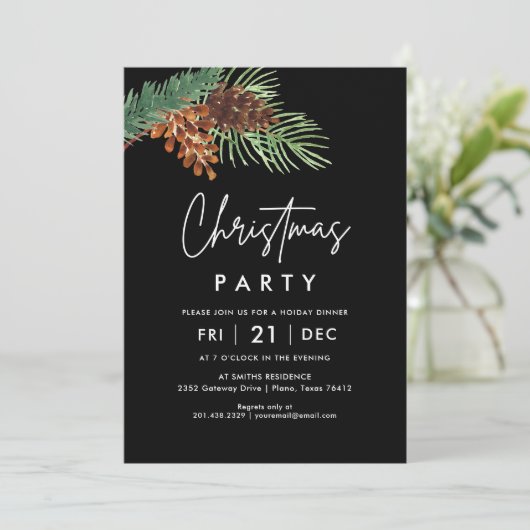 Pinecone Rustikale Weihnachtsfeier Party Einladung (Stehend Vorderseite)