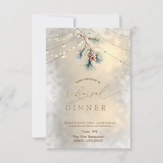 Pinecone String Lights Winter Probe Dinner Einladung (Vorderseite)