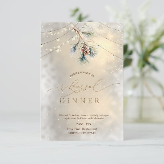 Pinecone String Lights Winter Probe Dinner Einladung (Stehend Vorderseite)