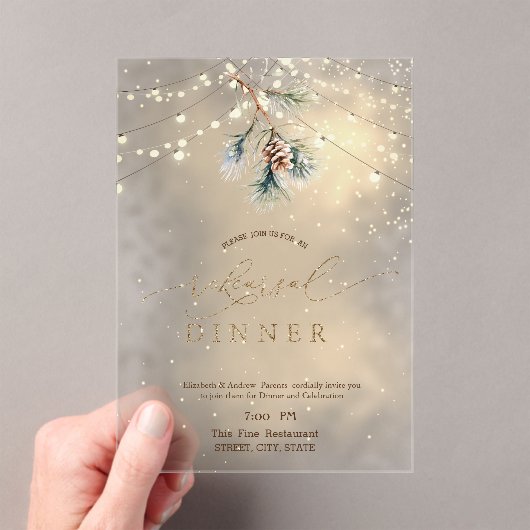 Pinecone String Lights Winter Rehearsal Dinner Acryleinladungen (Insitu (Handheld))