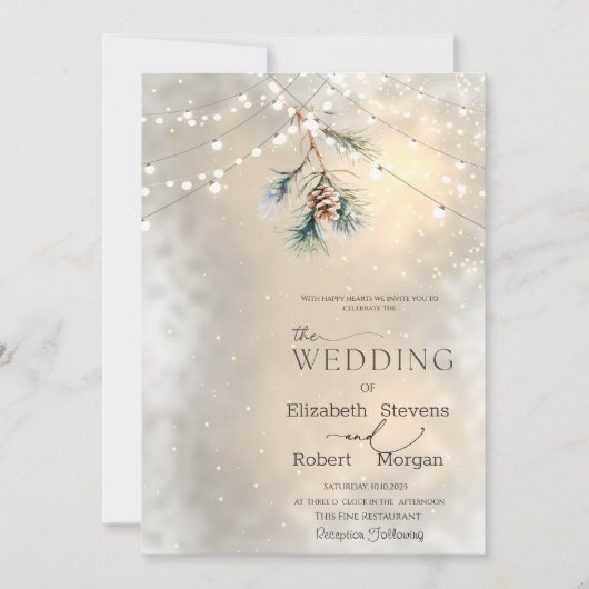 Pinecone String Lights Winter Wedding Einladung (Vorderseite)