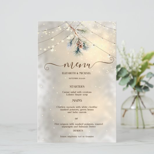 Pinecone String Lights Winter  Wedding Menu Card (Stehend Vorderseite)