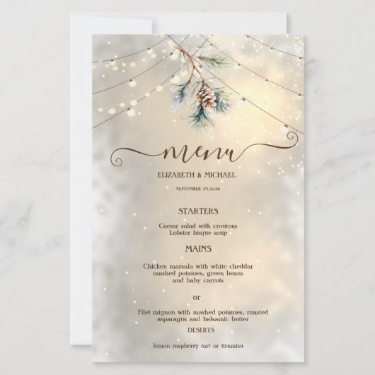 Pinecone String Lights Winter  Wedding Menu Card (Vorderseite)