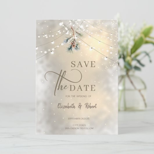 Pinecone String Lights Winter WeddingSave the Date Save The Date (Stehend Vorderseite)