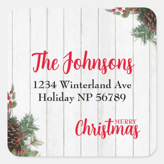 Pinecone und Holly Frohe Weihnachtszeit Rücksendea Quadratischer Aufkleber (Vorderseite)