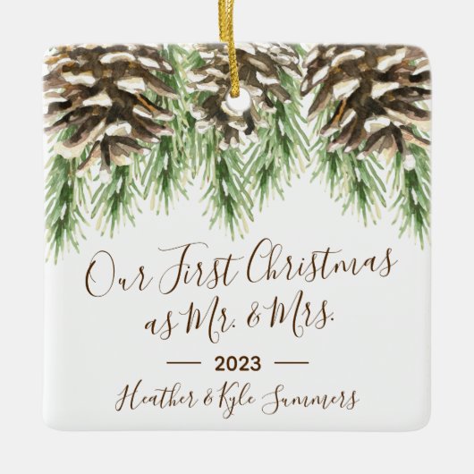 Pinecone Unsere ersten Weihnachten als Herr. & Mrs Keramikornament (Vorderseite)