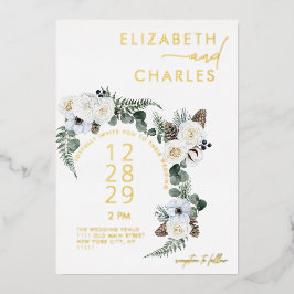 Pinecone Winter Greenery White Floral Wedding Folieneinladung