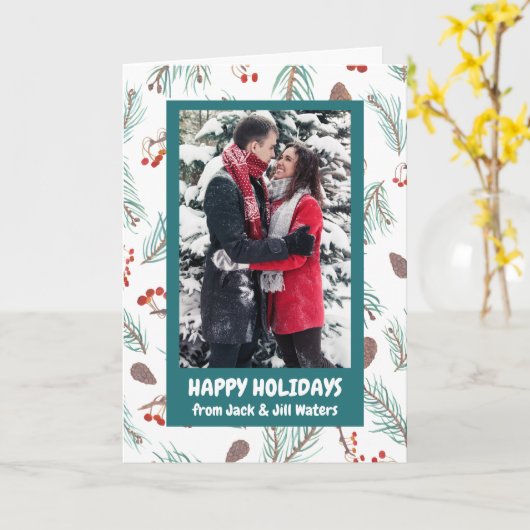 Pinecones Berries Winter CUSTOM FOTO Holiday Karte (Gelbe Blume)