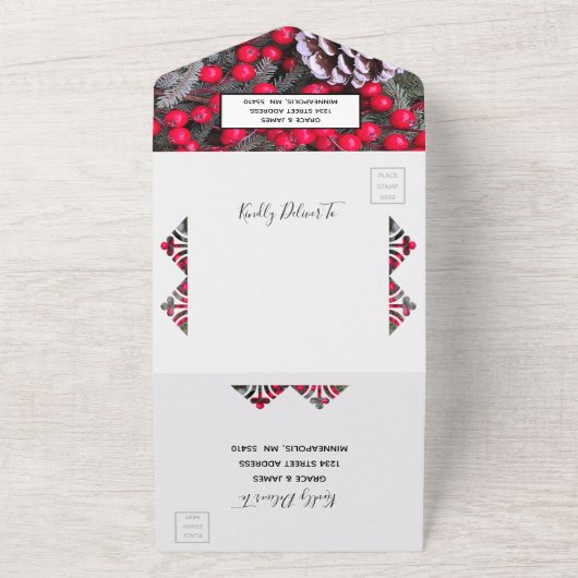 Pinecones Evergreens Red Berries Wedding All In One Einladung (Außenbereich)