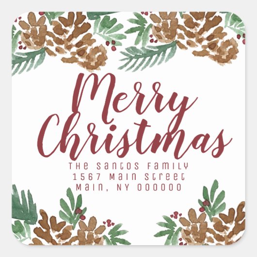 Pinecones Greenery Berry Quadratischer Aufkleber (Vorderseite)
