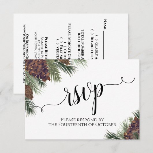 Pinecones & Greenery Rustikale Hochzeit RSVP Karte (Vorne/Hinten)