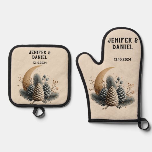 Pinecones und Crescent Moon Winter Liebe Ofenhandschuh & Topflappen-Set (Vorderseite)
