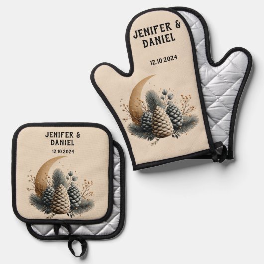 Pinecones und Crescent Moon Winter Liebe Ofenhandschuh & Topflappen-Set (Vorderseite/Rückseite)