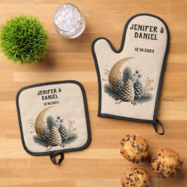 Pinecones und Crescent Moon Winter Liebe Ofenhandschuh & Topflappen-Set