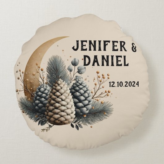 Pinecones und Crescent Moon Winter Liebe Rundes Kissen (Rückseite)