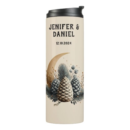 Pinecones und Crescent Moon Winter Liebe Thermosbecher (Nach links gedreht)