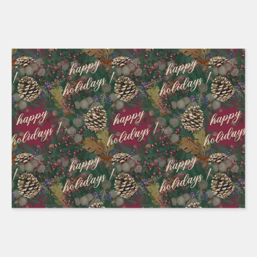 Pinecones Wreaths Happy Holidays Geschenkpapier Set (Vorderseite)