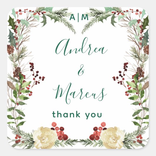 Pinery Winter Rose Hochzeit Wreath Quadratischer Aufkleber (Vorderseite)