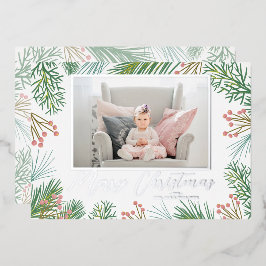 Pines Berries Navy Blue Weihnachtsfest Foto Folien Feiertagskarte