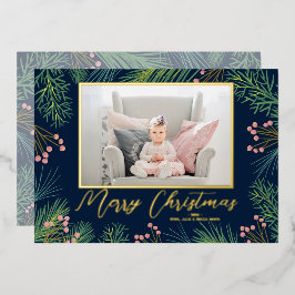 Pines Berries Navy Blue Weihnachtsfest Foto Folien Feiertagskarte