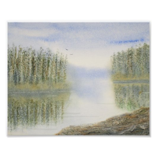 Pines Lake Watercolor Landschaft Fotodruck (Vorne)