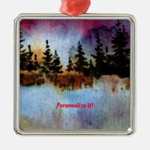 Pines on a cliff mit einem bunten Himmel und Nebel Ornament Aus Metall